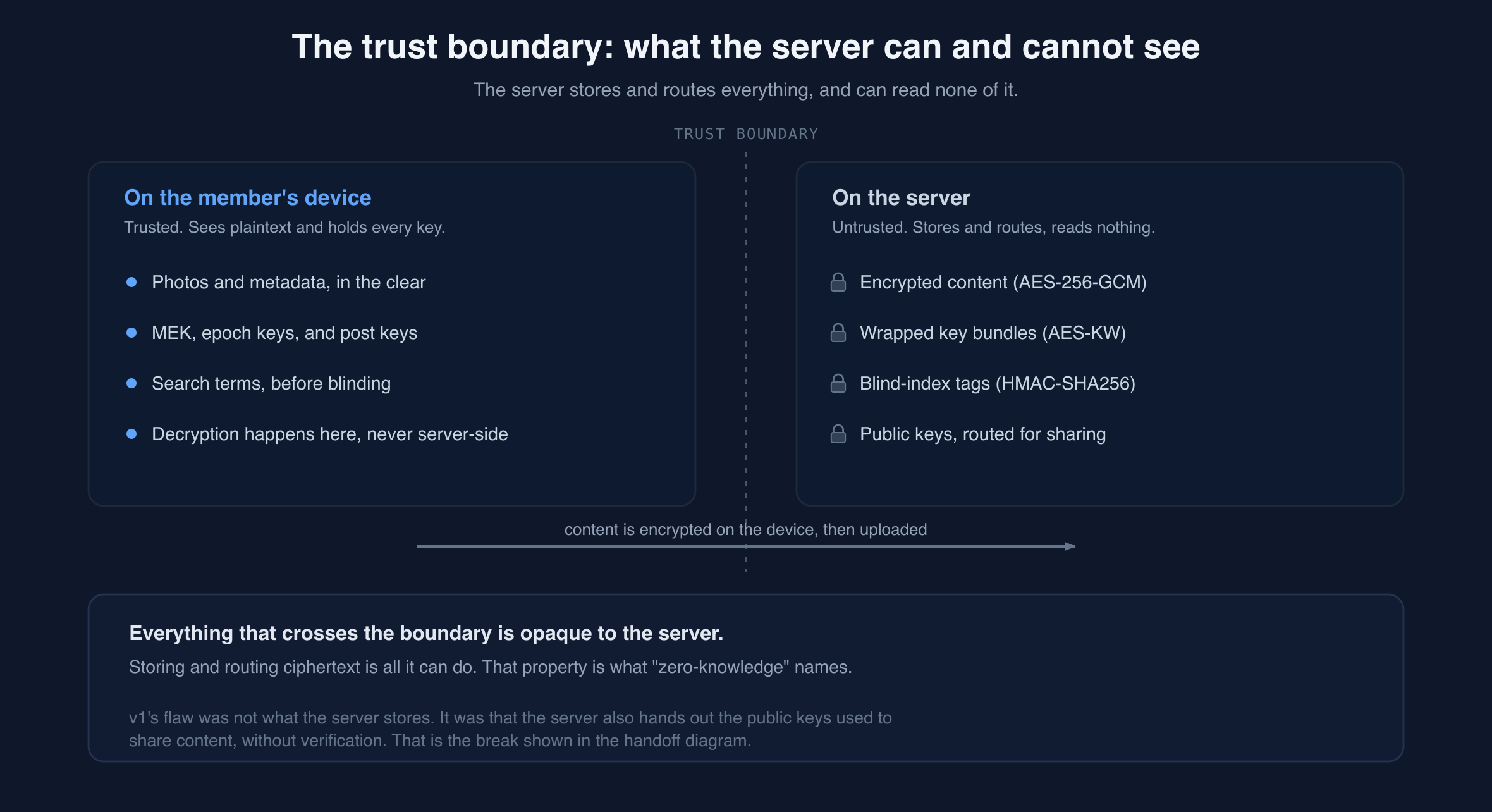 Trust boundary: the member's device holds plaintext and keys, while the server holds only ciphertext, wrapped key bundles, and blind-index tags.